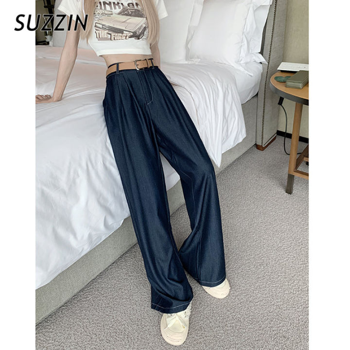 suzzin-สีทึบหลวมแบบเรียบง่ายและมีกางเกงลำลองประดับผ้าม่านแบบบางสำหรับผู้หญิง