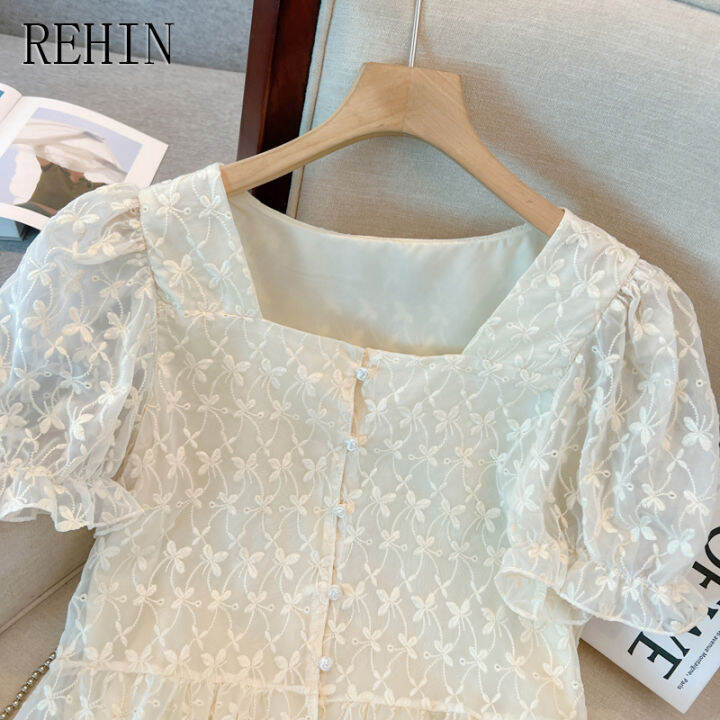 rehin-เสื้อผู้หญิงปักลายดอกไม้เสื้อลายลูกไม้เข้ารูป-เสื้อผ้าวัยรุ่นผู้หญิงสไตล์ฝรั่งเศสคอเหลี่ยมสไตล์ฝรั่งเศสฤดูร้อน