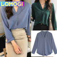 Lomogi ชุดเสื้อชีฟอง S-4XL ผู้หญิง4สี,เสื้อคอวีแขนยาว OL บาจู