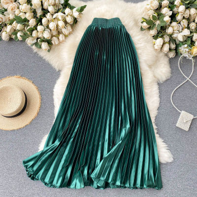 Croysier High Waist Long Skirts Womens  Maxi Pleated Skirt Women Clothing Elegant Office Lady Fashion Metallic Satin Skirt