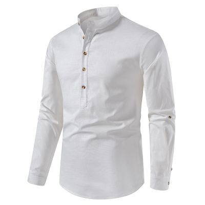 ZZOOI New Causal Shirt Men Cotton Linen Long Sleeve Stand Collar Slim Mens Shirt Breathable Business Vintage Top Solid Shirts Men