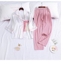 Fashion Loose Women Long Sleeve Pajamas Set Autumn Ice Silk Long Sleeve Trousers Suit Printing Leisure Pyjamas Set