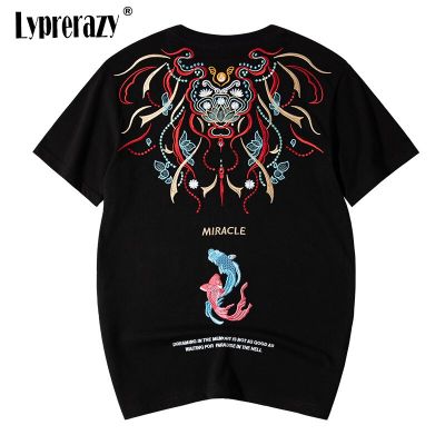 Lyprerazy Tide Brand National Tide Chinese Style Koi Embroidered Cotton Short-sleeved T-shirt Mens Looselarge Size Mens Top