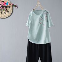 ❁✲✧ Blouse Pure Cotton Short-sleeved T-shirt Women Loose Plus Size Womens Retro Literary Embroidery Ethnic Style