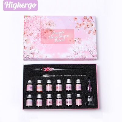 ชุดปากกาจุ่มแก้ว Highergo Sakura 2ชิ้นปากกาแก้วคริสตัลพร้อมหมึก12ชิ้นสำหรับการวาดลายเซ็น Caligraphy Kit ของขวัญ