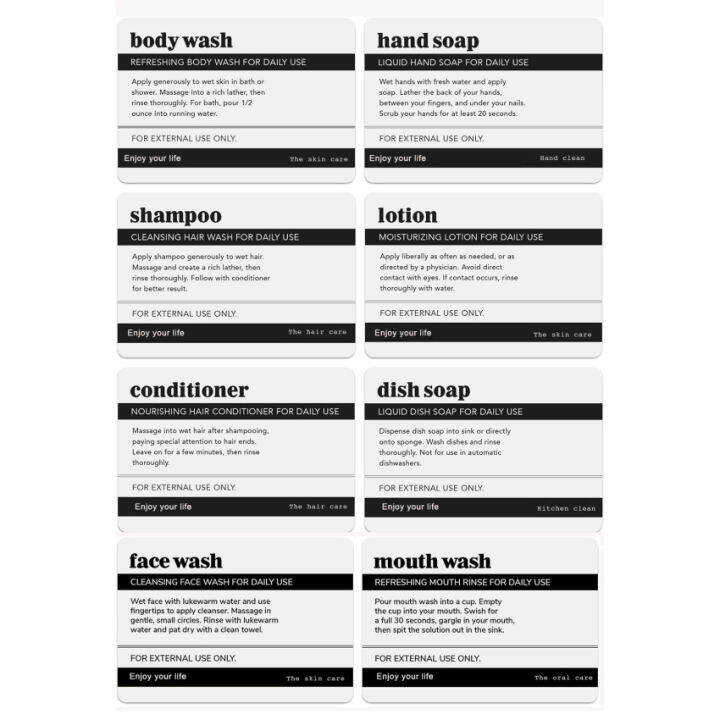 Bathroom Labels Set 8PCS Waterproof Refillable Bottles Stickers for