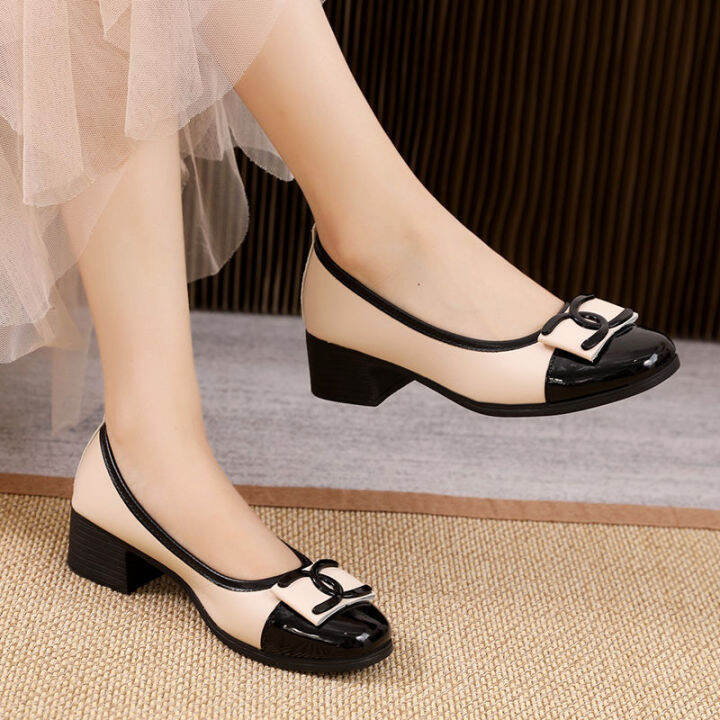 Korean style black shoes for women work office shoes thick heels soft