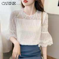 CARINE ชุดเดเสื้อสตรีสไตล์เกาหลีแขนยาวสำหรับผู้หญิง,M-5XL เสื้อลูกไม้ตัดเข้ารูปพอดีเสื้อแขนปานกลางบานสำหรับฤดูใบไม้ผลิและฤดูร้อนขนาดพิเศษเสื้อเชิ้ต