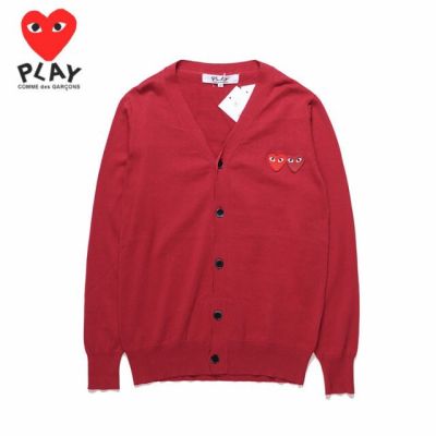 COMME des Garcons Play Men Long Sleeve Knitted Cardigan V-neck Crochet Sweater Tops Popular Coupleสเว็ตเตอร์และคาร์ดิแกน