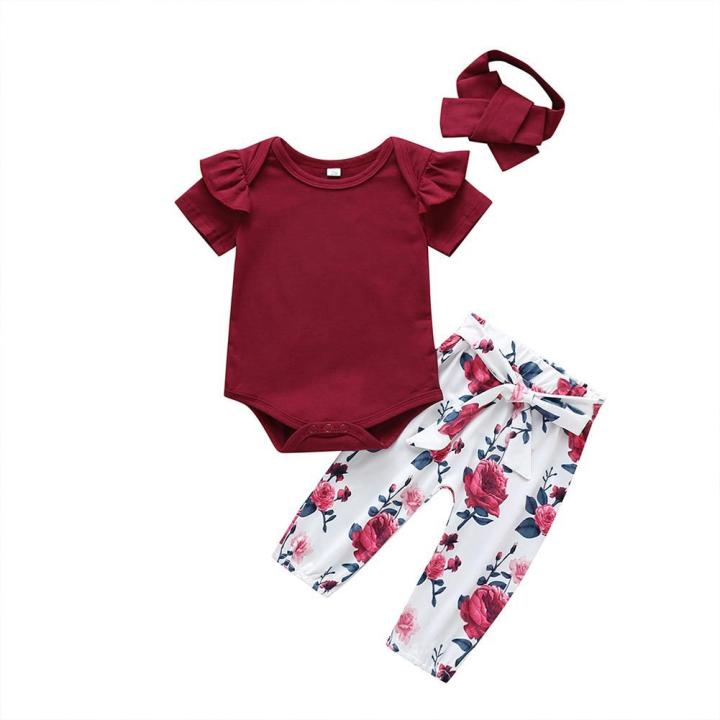 3pcs-เด็กทารกหญิงน่ารักชุดเสื้อผ้าบิน-romper-กางเกงลายดอกไม้-headdress