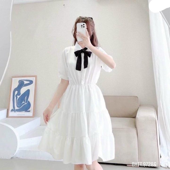 Hoàn Tiền 25-27/4]váy trắng babydoll nữ vintage cộc tay buộc nơ cổ ...