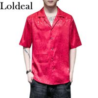 Loldeal ชุดสูทเสื้อเชิ้ตลายดอกผ้าซาตินมีปกเสื้อลำลองแขนสั้นมีกระดุม