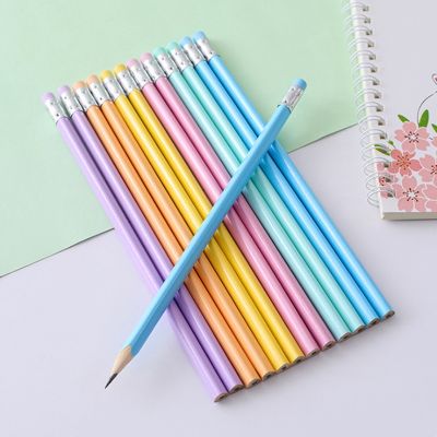 ✈▤ 12Pcs Macaron Wood Pencil with Eraser Triangle Shiny Rubber Head Sketch Drawing Pen Office Learning School Stationery HB Pencil