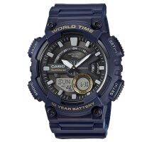 Casio นาฬิกาเรซิ่นดิจิตอลอนาล็อกมาตรฐานน้ำเงินสำหรับผู้ชาย AEQ110W-2A