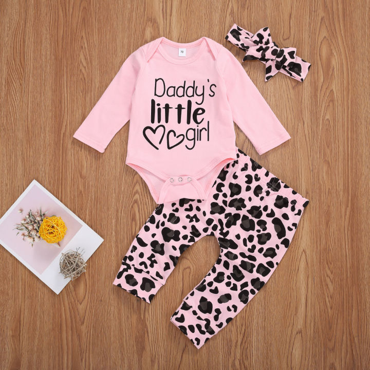 Newborn Baby Girl Clothes Set Fashion Leopard Pants Pink Letter Print Tops  Headband 3Pcs Autumn Toddler Infant Clothing Outfits