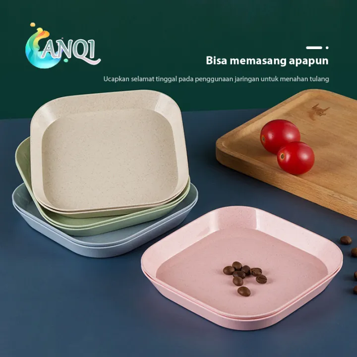 ANQI SHOP Piring Makan Bentuk Kotak Wheat Straw Square Plate Warni Set