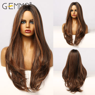 GEMMA Natural Middle Part Synthetic Wigs for Black Women Long Wavy Hair Cosplay Black Brown Golden Highlight Wig Heat Resistant