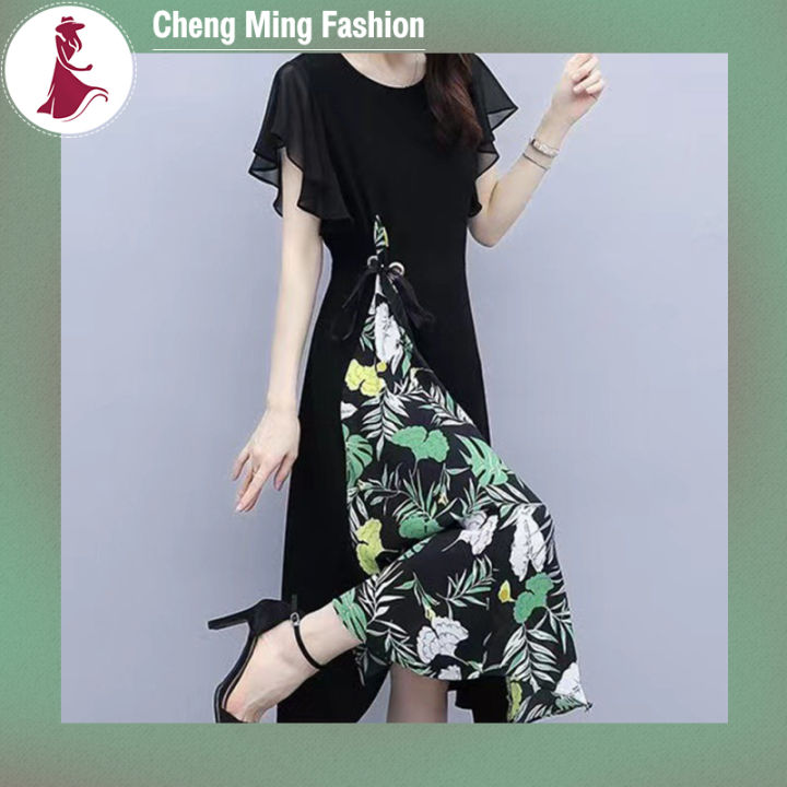 cheng-mingcheng-ชุดเดรสผ้าชีฟองแขนสั้นสำหรับผู้หญิงชุดเดรสแขนยาวปานกลางเฉิงคอกลมพิมพ์แขนสั้น
