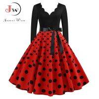 ผู้หญิงแขนยาว Vintage Polka Dot Pin Up Gothic ฤดูหนาวปีใหม่ชุด 3XL สีดำ Vestidos