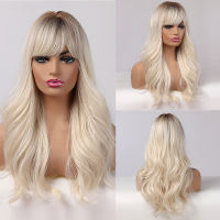 LOUIS FERRE Platinum Blonde Synthetic Hair Wig for Women Long Curly Wave Wigs with Bangs Daily Party Heat Resistant Fibre