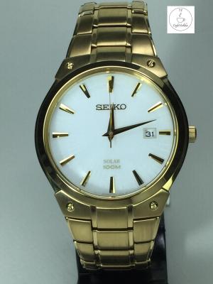 นาฬิกาข้อมือผู้ชาย ไซโก้   Seiko รุ่น SNE342P1 Solar ใช้พลังงานแสง หน้าปัทม์สีขาว สายสีทอง  ของเเท้ 100% CafeNalika