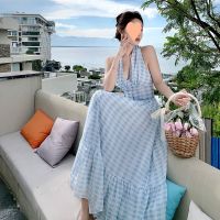 Blue grid chiffon v-neck condole hang neck dress new French fairy seaside holiday long skirt in summer