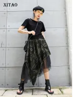 XITAO Mesh Patchwork Denim Skirt Irregular Print Women