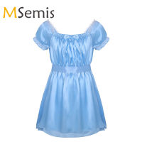 Mens Lingerie Sissy Dress Shiny Dress Brilliant Dress Soft Satin High Low Crossdress Dress with Sash Nightwear Underwear