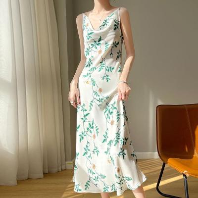 Acetic Acid Satin Collar Slip Dress Womens 2023 Summer New Elegant Slim Floral Long Dress Sleeveless Base Dress 2023