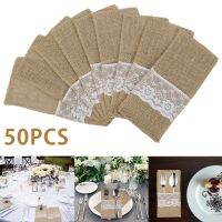 50Pcs Burlap Lace Cutlery Pouch Wedding Tableware Party Supplies Holder Bag Hessian Rustic Jute Table Decoration Accessories