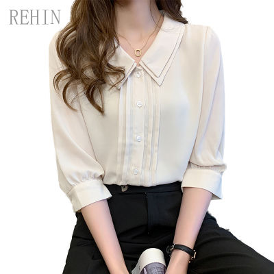 REHIN เสื้อสตรีคู่ตุ๊กตาคอปกเวอร์ชั่นเกาหลี,เสื้อชีฟองแขน3/4เสื้อทำงานออกแบบเป็นเอกลักษณ์เสื้อผ้าฤดูหนาว