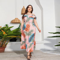 New European And American Beach Resort Long Shoulder-Length Beach Dress With Collar Strapless Color Printed Dress