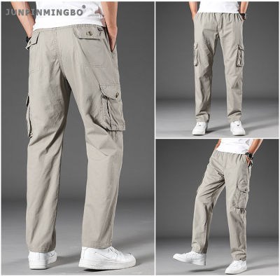 JUNPINMINGBO กางเกงคาร์โก้ผู้ชายไซส์พิเศษ,กางเกงคาร์โก้ผ้าฝ้าย100% กระเป๋าเรียบๆสำหรับกีฬากลางแจ้งกางเกงสแล็คเดินตรง