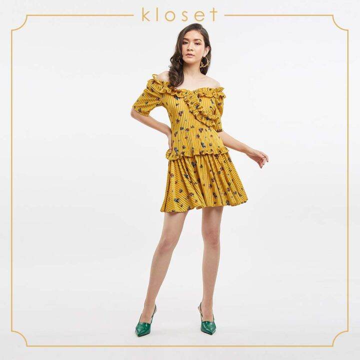 kloset-floral-pleated-dress-with-ruffle-aw19-d004-เสื้อผ้าผู้หญิง-เสื้อผ้าแฟชั่น-เดรสแฟชั่น-เดรสผ้าพิมพ์