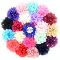 32 PCSlot , 10 CM Gold Polka Dot Chiffon Flower on ribbon Partially Covered Double Prong Alligator Clips , Flower hair clips