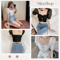 Mira.shop เสื้อแขนตุ๊กคาผ้าชีฟองปาดไหล่กรุบ เสื้อครอป เสื้อแฟชั่นผญ 1153#