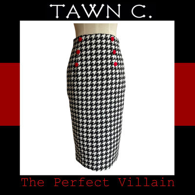 TAWN C. The Perfect Villain Collection - Houndstooth Crepe Gracie Skirt กระโปรงสอบผ้าเครปทอลายดำขาวคลาสสิคแต่งกระดุมสีแดง