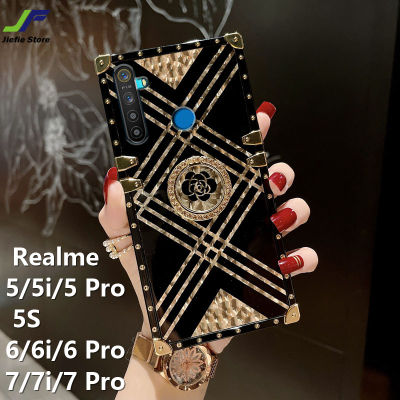 JieFie สำหรับ Realme 5i / 6i / 7i/5S/5/6 / 7 / 5 Pro / 6 Pro / 7 Pro Electroplated สแควร์โทรศัพท์กรณีออกแบบใหม่ Bling ลายสก๊อตโทรศัพท์ + แหวนที่วาง