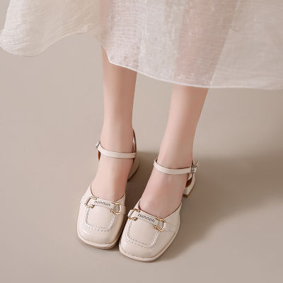 หัวเข็มขัดฤดูร้อนโลหะรองเท้าผู้หญิงรองเท้าส้นสูงแบบเรียบง่ายรองเท้าโรมันฝรั่งเศส35-39
