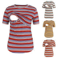 Maternity Clothes Breastfeeding T-shirt Short-sleeved Colorful Stripe Printing Nursing Clothes Maternity T-shirt Femme Enceinte