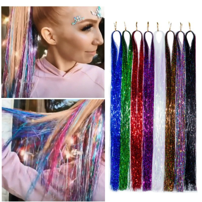 【CW】Sparkle Shiny Hair Tinsel Rainbow Silk Hair Extensions Dazzles Women Hippie for iding Headdress Long 100cm 120 Strandsbag