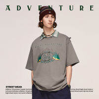เงินเฟ้อเสื้อยืดแขนสั้นสำหรับผู้ชายสไตล์ตั้งแคมป์ใหม่2023ฤดูร้อนพิมพ์ลายภูมิทัศน์ธรรมชาติที่เรียบง่ายทรงหลวมสบาย