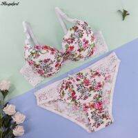 【CC】☽  Plusgalpret Large Size 90C-105C 3/4 Cup 2Xl-5Xl Low Waist Panties Set for Ladies Floral