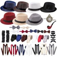 1920s Old Man Costume 7 PCS Mens Gangster Costume Hat Y-Back Suspenders Tie Pocket Watch Costume for Halloween pleasure