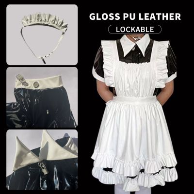 Lingerie Bondage Gloss PU Lockable Maid Fetish PVC Dress Outfit With Lock Leather Restraint Sexy For Women Mistress Men