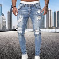 2022 New Mens Slim Fit Jeans Fashion Street Style Ripped Skinny Jeans Men Vintage wash Solid Denim Trouser Mens hot sale