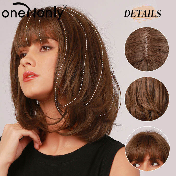 onenonly-short-bobo-ombre-brown-synthetic-wigs-with-bangs-layered-hairstyle-for-white-black-women-natural-hair-heat-resistant