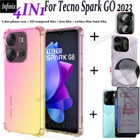 4IN1For Tecno Spark Go 2023 /Infinix Smart 7สีเคสโทรศัพท์มือถือ + ฟิล์มกระจกเทมเปอร์ชนิดเคลือบเพื่อความอ่อนโยนความเป็นส่วนตัวแบบเต็ม + สติ๊กเกอร์สกีนหลังเลนส์กล้องถ่ายรูป + แผ่นฟิล์มด้านหลังคาร์บอนไฟเบอร์