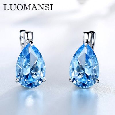 Luomansi Fashionable Natural Blue Topaz Emerald Clip-on Earrings Real S925 Sterling Silver Wedding Engagement High Jewelry