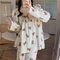 【JH】Cute Pajamas Women Japanese Sweet Room Wear Lace Ruffles Kawaii Bear Print 2 Piece Set Spring Autumn Casual Sleepwear Pijamas